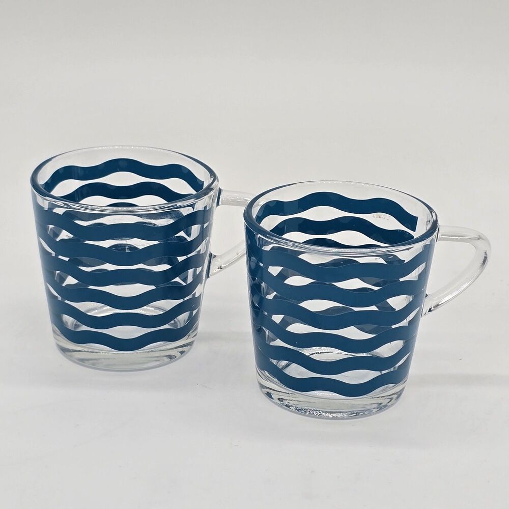 Set of 2 IKEA Glass Mugs 18314 Blue Wave Made in France